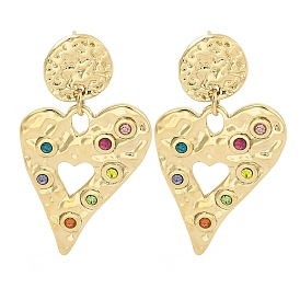 PVD Vacuum Plating 304 Stainless Steel Stud Earrings for Women, Colorful Rhinestone Heart Drop Earrings