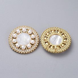 Brass Cubic Zirconia Pendants, with Shell and Shell Pearl, Religion, Flat Round with Virgin Mary