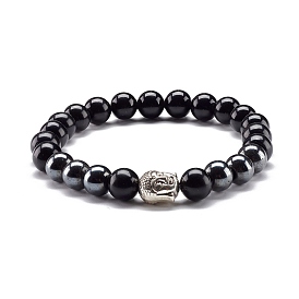 Natural Obsidian & Non-Magnetic Synthetic Hematite Round Beads Energy Stretch Bracelet for Men Women, Buddha Head Alloy Bracelet