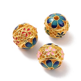 Perles en alliage creux, avec l'émail, ronde avec des fleurs, couleur or mat