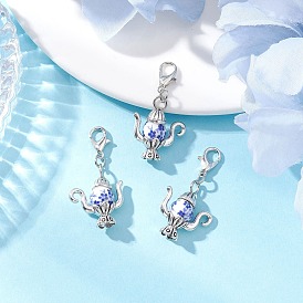 Подвеска для чайника из фарфора и сплава в тибетском стиле с цветочным принтом ручной работы, с карабин-лобстерами 