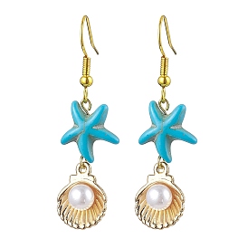 Synthetic Turquoise Dangle Earrings for Women, with Alloy Enamel Starfish Pendants and Plastic Beads