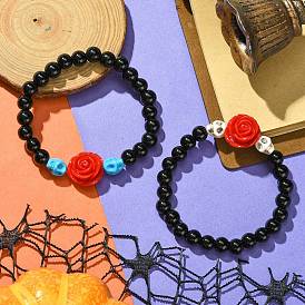 2Pcs 2 Colors Halloween Theme 8.5mm Round Synthetic Black Stone Beaded Stretch Bracelet Sets, Flower Resin and Dyed Synthetic Turquoise Skull Stackable Bracelets