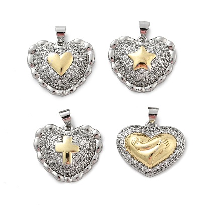 Латунные микро проложить кубического циркония подвески, Сердце с рисунком, стойки покрытие, долговечный, без кадмия и без свинца, настоящее 18 к позолота и платина