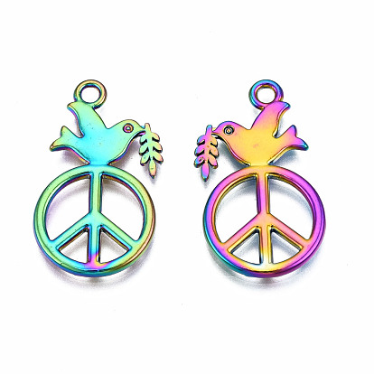 Rainbow Color Alloy Pendants, Cadmium Free & Nickel Free & Lead Free, Peace Sign with Dove
