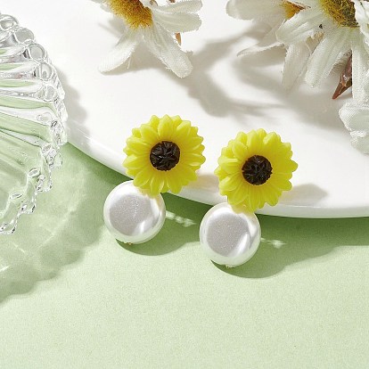 Natural Pearl & Resin Sunflower Stud Earrings, with 304 Stainless Steel Pins