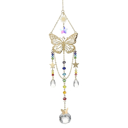 Glass Pendant Decorations, with Brass & Stainless Steel Findings, Butterfly