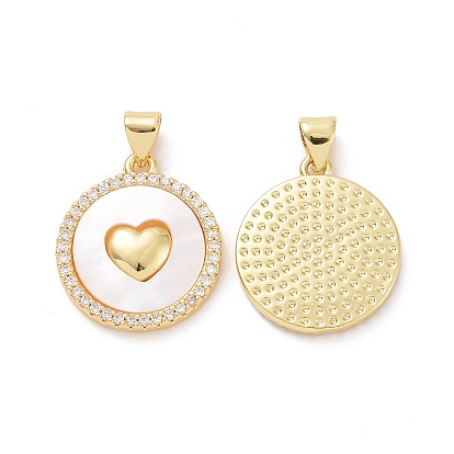 Brass Micro Pave Clear Cubic Zirconia Pendants, with Shell, Flat Round with Heart Charms