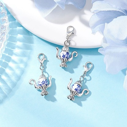 Подвеска для чайника из фарфора и сплава в тибетском стиле с цветочным принтом ручной работы, с карабин-лобстерами 