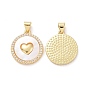 Brass Micro Pave Clear Cubic Zirconia Pendants, with Shell, Flat Round with Heart Charms