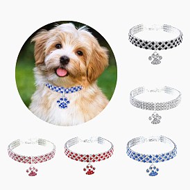 Adjustable 3-Row Brass Crystal Rhinestone Cup Chain Pet Collars, Slider Paw Print Pendant Cat Dog Choker Necklace