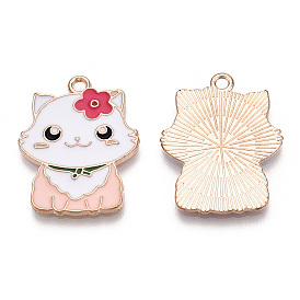 Alloy Enamel Pendants, Light Gold, Cat with Flower Charm, Lead Free & Cadmium Free