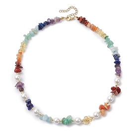 Chakra Theme Natural Red Aventurine & Red Jasper & Green Aventurine & Aquamarine & Citrine & Lapis Lazuli & Amethyst, Synthetic Hematite Beaded Necklaces, Shell Pearl Beads Jewelry for Women