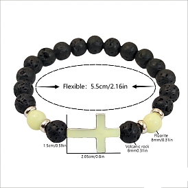 Natural Lava Rock Bead Stretch Bracelets, Round Fluorite and Luminous Cross Bead Bracelets for Women