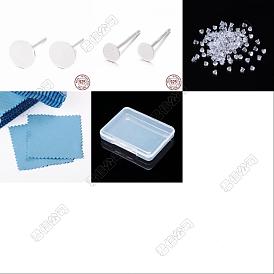 20Pcs 925 Sterling Silver Round Flat Pad Stud Earring Findings, 20Pcs Plastic Ear Nuts, 1Pc Suede Fabric Square Silver Polishing Cloth