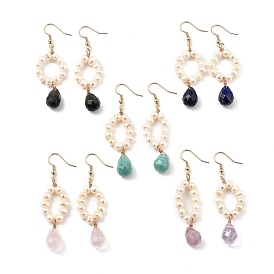 Dangle Earrings, with Natural Pearl Beads, Teardrop Natural Gemstone Charms and Brass Earring Hooks