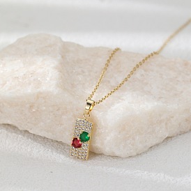 Подвеска-колье из латуни с прямоугольным кулоном, украшенным разноцветными кубическими циркониями.