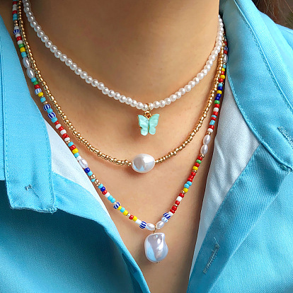 Butterfly Pearl Necklace - Bohemian Style, Colorful Beaded Choker for Summer Layering.