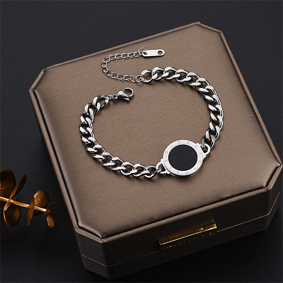Retro Style Titanium Steel Chunky Chain Bracelet Necklace Set with Roman Coin Pendant
