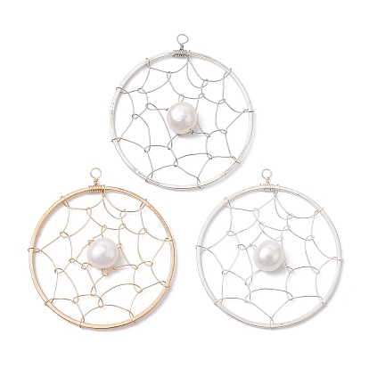 Natural Cultured Freshwater Pearl Pendants, Flat Round Brass Web/Net Charms