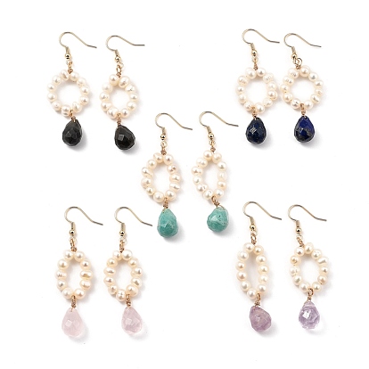 Dangle Earrings, with Natural Pearl Beads, Teardrop Natural Gemstone Charms and Brass Earring Hooks