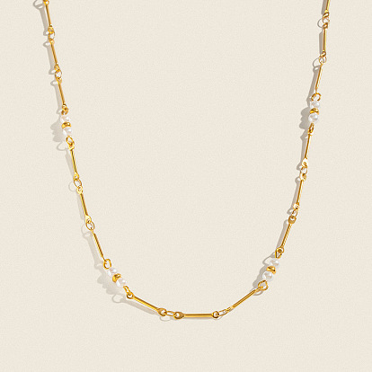 304 Stainless Steel Bar Link Chain Necklaces for Women, with White Imitation Pearl Beads