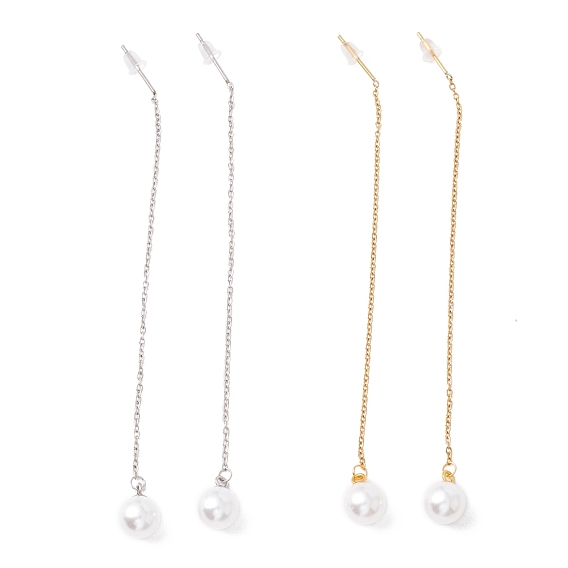 Long Chain with Plastic Pearl Dangle Stud Earrings, 304 Stainless Steel Ear Thread for Women