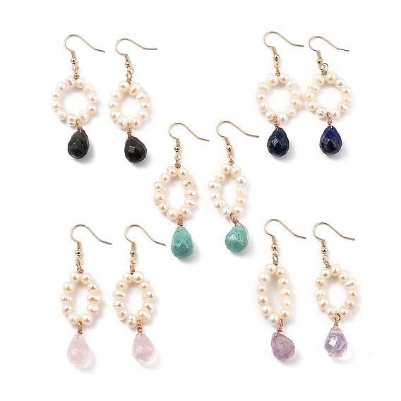 Dangle Earrings, with Natural Pearl Beads, Teardrop Natural Gemstone Charms and Brass Earring Hooks