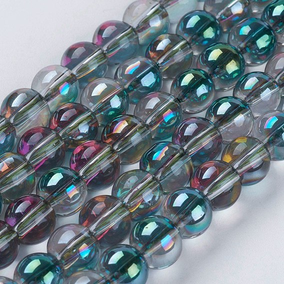 Electroplate Glass Beads Strands, Half Rainbow Plated, Round