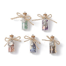 Glass Jar Glass Bottles Pendants, with Natural Mixed Gemstone Chips and Paper Slip Rolls inside, with Alloy Ocean Theme Charms