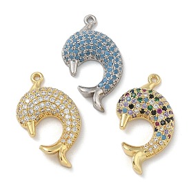 Rack Plating Brass Micro Pave Cubic Zirconia Pendants, Long-Lasting Plated, Lead Free & Cadmium Free, Dolphin Charms