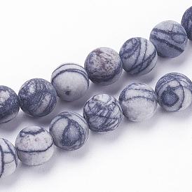 Natural Black Silk Stone/Netstone Beads Strands, Frosted, Round