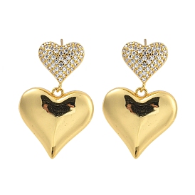 Rack Plating Heart Brass Micro Pave Clear Cubic Zirconia Stud Earrings, Long-Lasting Plated, Cadmium Free & Lead Free