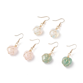 Gemstone Heart Dangle Earrings, Gold Plated Brass Wire Wrap Jewelry for Women