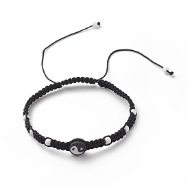 Polymer Clay Yin Yang & Acrylic Braided Bead Bracelet, Adjustable Bracelet for Women