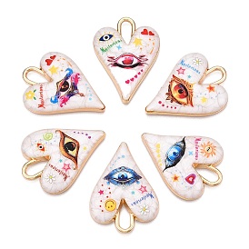 Printed Rack Plating Alloy Enamel Pendants, Golden, Heart with Eye Charm