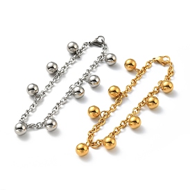 201 Stainless Steel Round Beads Charm Bracelet with 304 Stainless Steel Chains for Women