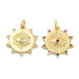 Rack Plating Brass Micro Pave Cubic Zirconia Pendants, Long-Lasting Plated, Lead Free & Cadmium Free, Sun with Evil Eye