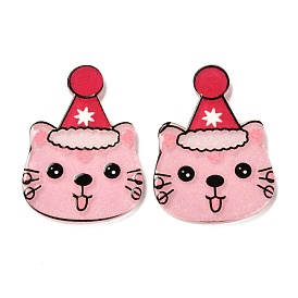 Christmas Themed Acrylic Cabochons, Cat with Christmas Hat