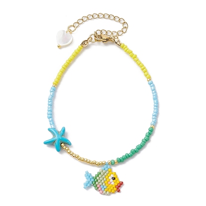 Pulsera con dije de pececillo de cristal y estrella de mar turquesa sintética