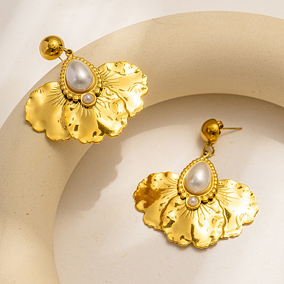 304 из нержавеющей стали болтаться серьги, лепесткообразный с каплевидным, с драгоценными камнями и пластиком, реальный 18 k позолоченный