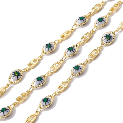 Handmade Eco-friendly Brass Horse Eye & Oval Link Chain, with Glass Leaf Pattern Beaded, Real 18K Gold Plated, Lead Free & Cadmium Free, Soldered, with Spool
