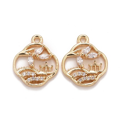 Rack-Beschichtung Messing Micro Pave klar Cubic Zirkonia Charms, langlebig überzogen, Bleifrei und cadmium frei, Blume mit Landschaftsmuster