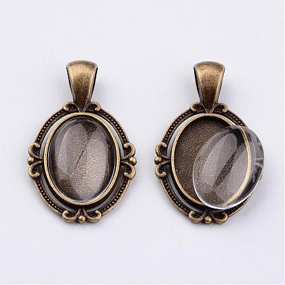 Tibetan Style Alloy Pendant Cabochon Settings, Clear Glass Cabochons, Oval, Cadmium Free & Nickel Free & Lead Free