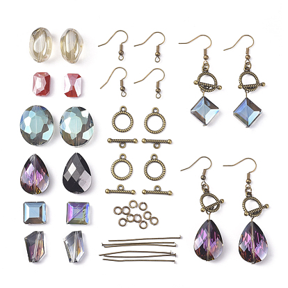 Fabrication de boucle d'oreille bricolage, avec des perles de verre cristal plaquées, crochets et anneaux de saut en laiton, épingles à tête de fer, Fermoirs T en alliage 