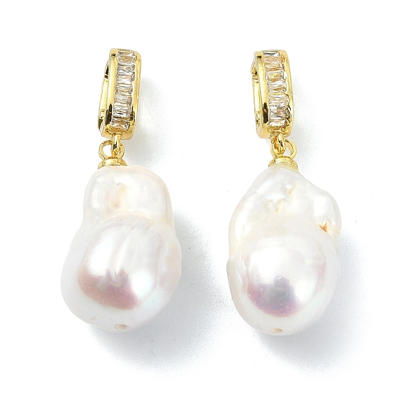 Подвески из натурального барочного жемчуга кеши и жемчуга Эдисона, Овальные подвески с латунными микропаве из прозрачных кубических цирконий в качестве застежек., белые