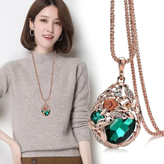 Ожерелья из сплава со стразами и цветочной каплей для женщин, розовое золото 