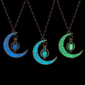 3 piezas 3 colores conjunto de collares colgantes de luna creciente de aleación chapada en platino, joyas de piedra luminosa sintética que brillan en la oscuridad para mujer