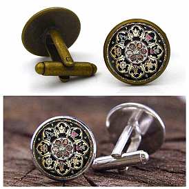 Alloy Cufflinks, with Glass Cabochons, Half Round with Mandala Pattern, for Apparel Accessories