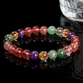 Natural Strawberry Quartz & Tourmaline Round Beads Stretch Bracelets for Women